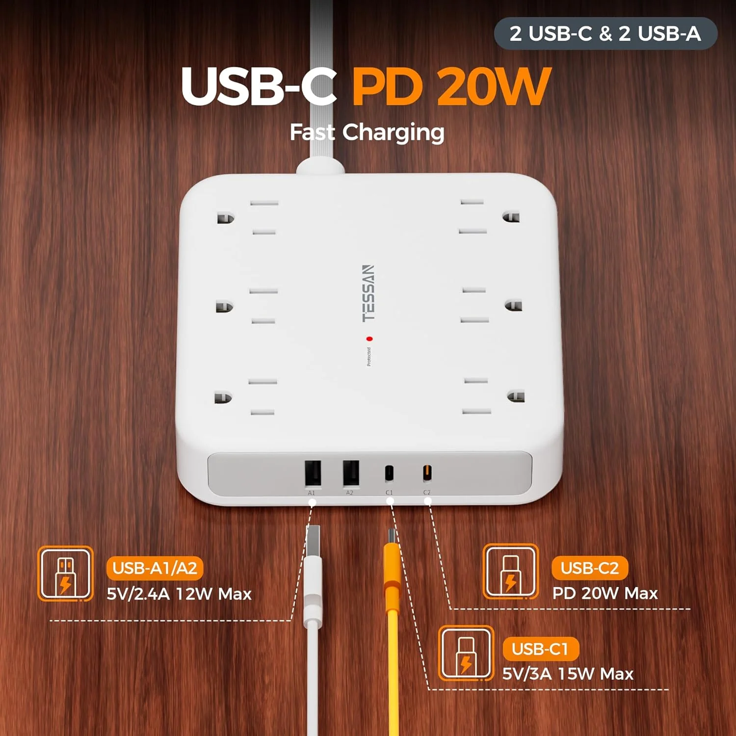 TESSAN 5 Ft Surge Protector Power Strip PS08 - Image 4