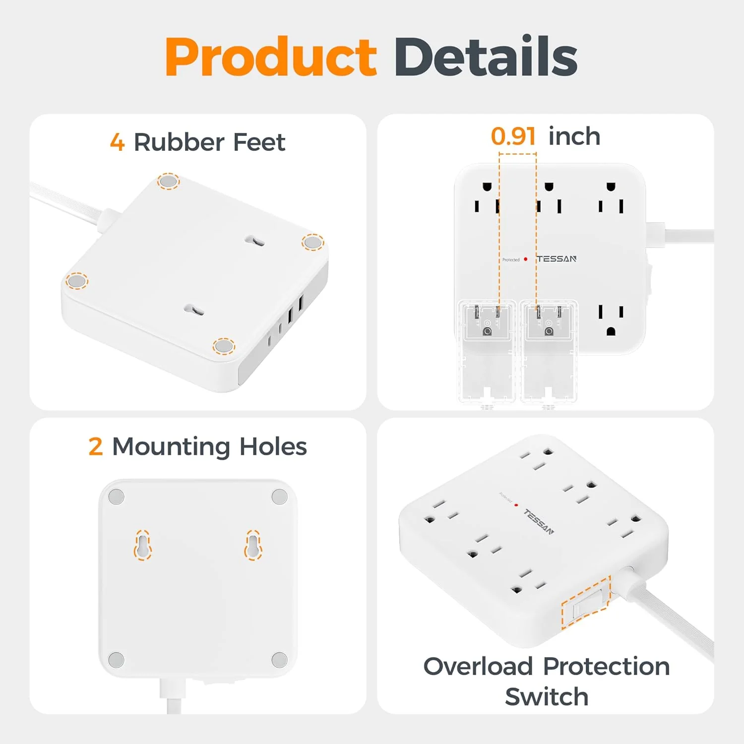 TESSAN 5 Ft Surge Protector Power Strip PS08 - Image 8