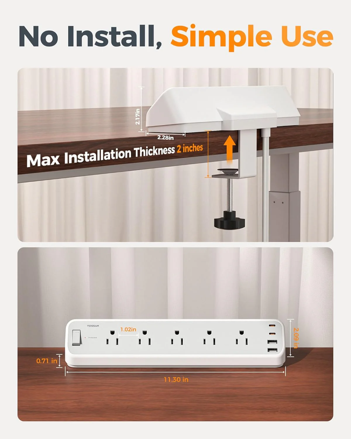 TESSAN Desk Clamp 2100J Surge Protector Power Strip PS06 - Image 3
