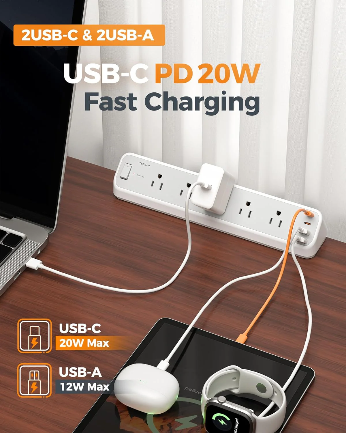 TESSAN Desk Clamp 2100J Surge Protector Power Strip PS06 - Image 6
