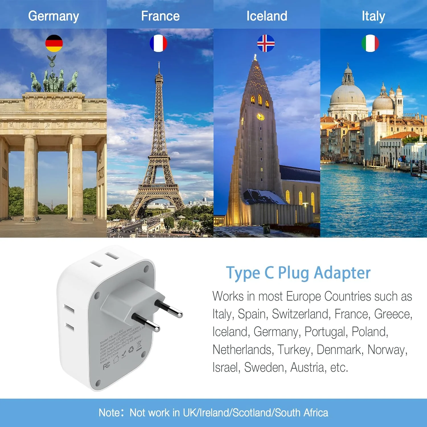 TESSAN European Travel Adapter(US To EU)  With USB Ports, to Most of Europe, Iceland Spain Italy France Germany - Image 4