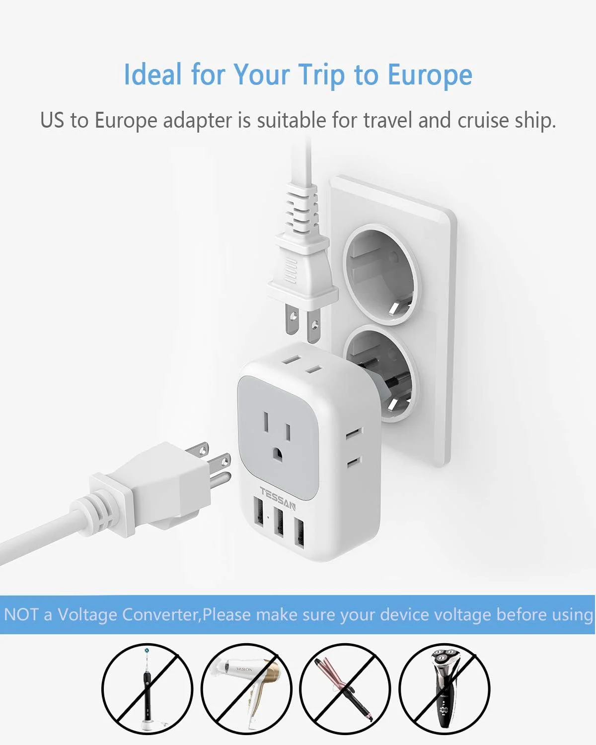 TESSAN European Travel Adapter(US To EU)  With USB Ports, to Most of Europe, Iceland Spain Italy France Germany - Image 5