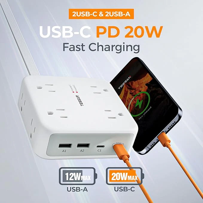 TESSAN Flat Extension Cord Surge Protector Power Strip - Image 3