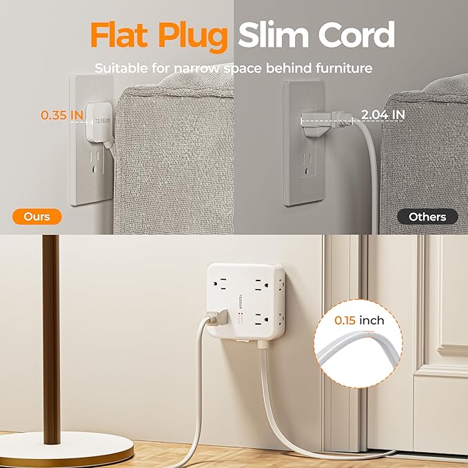 TESSAN Flat Extension Cord Surge Protector Power Strip - Image 5