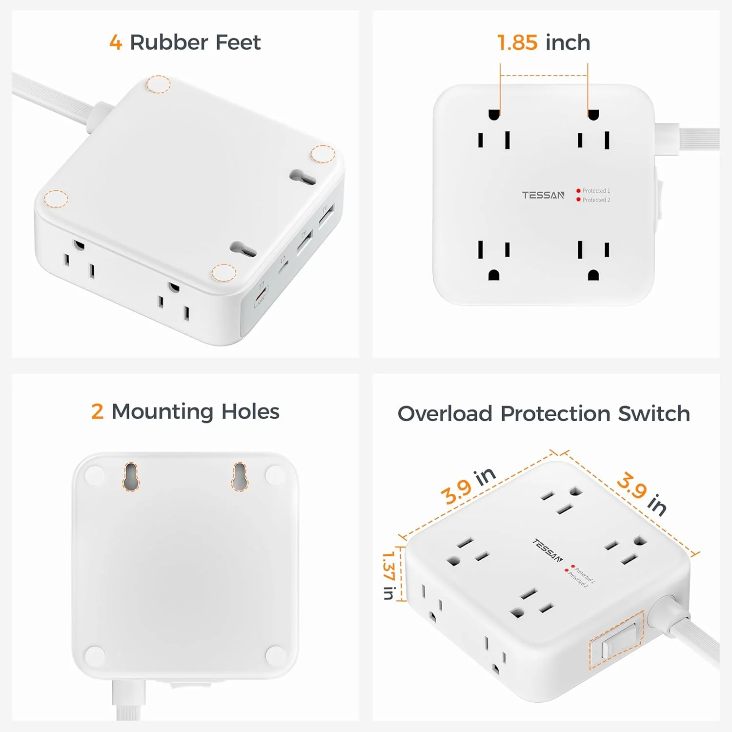 TESSAN Flat Extension Cord Surge Protector Power Strip - Image 7
