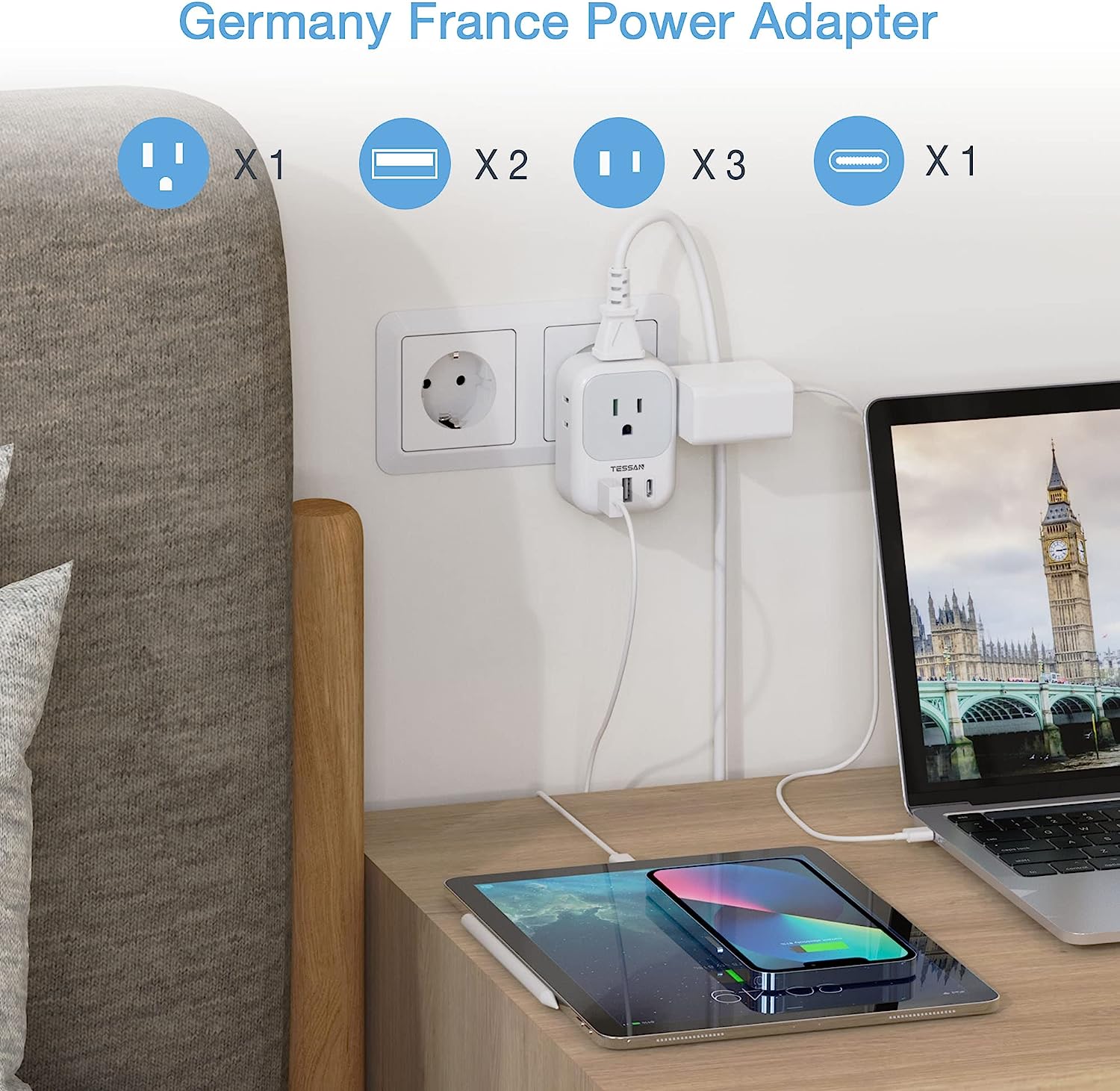 TESSAN Germany France Power Adaptor with 3 USB Charger Ports(1 USB C), 2 Pack - Image 3