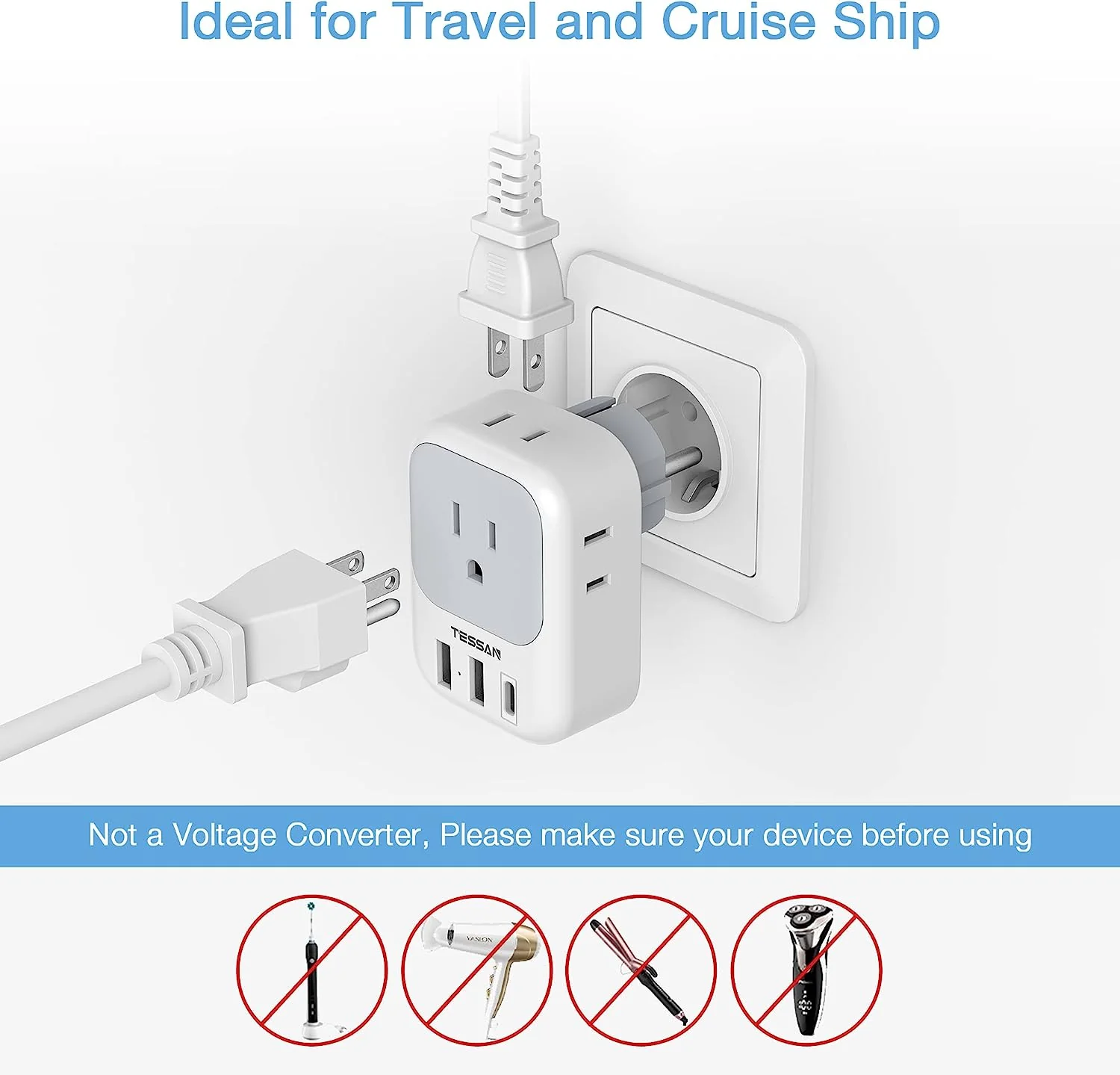 TESSAN Germany France Power Adaptor with 3 USB Charger Ports(1 USB C), 2 Pack - Image 6