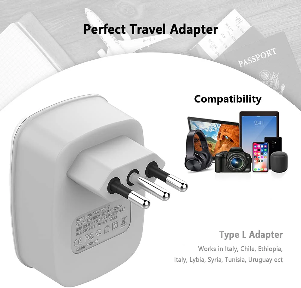 US To Italy Travel Plug Adapter with Dual USB Ports(Type L Plug) - Image 4