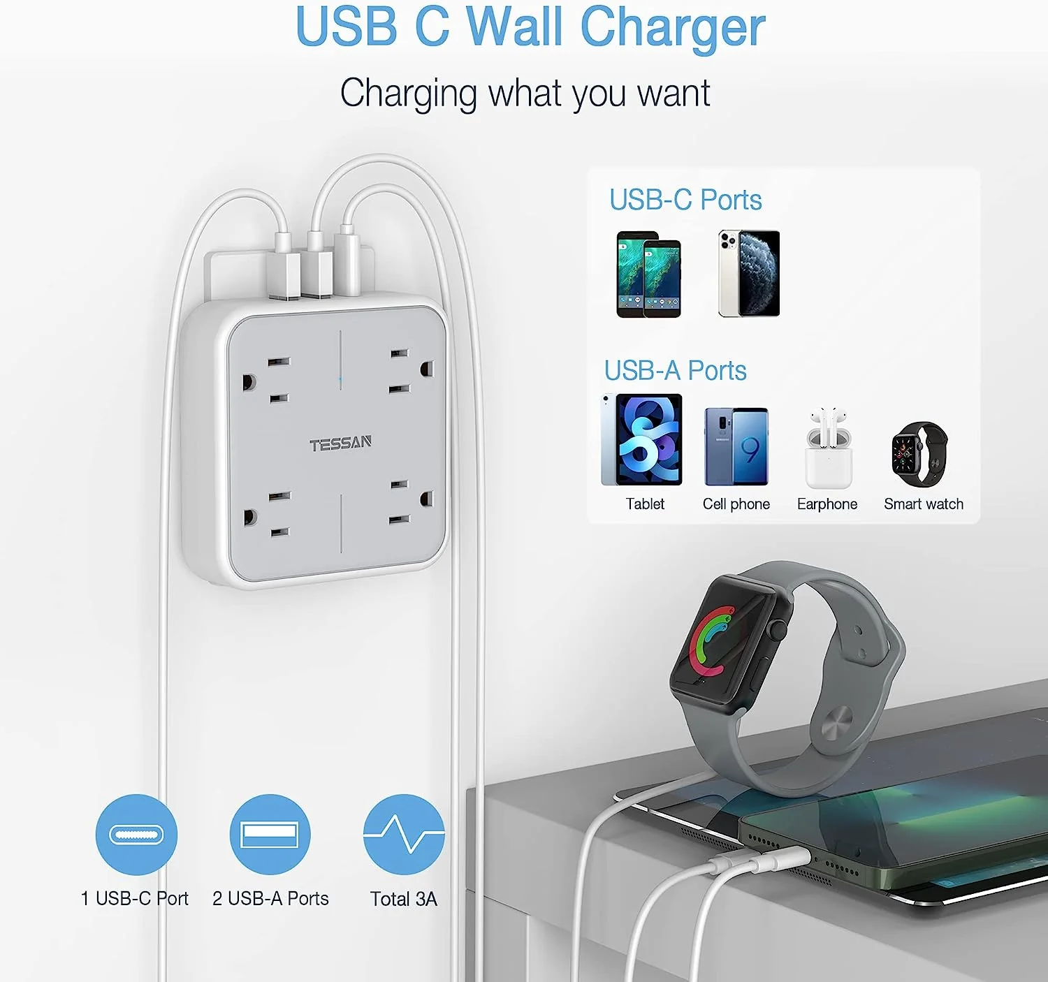 TESSAN Multi Plug USB Wall Charger with 4AC & 3 USB (1 USB C Port) - Image 3