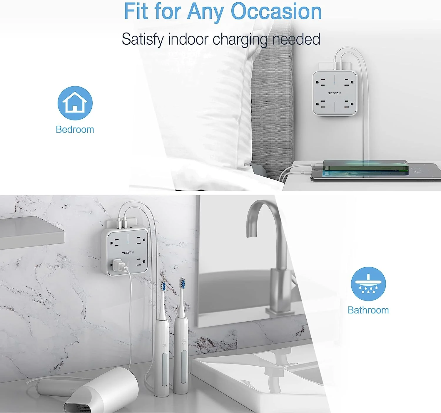 TESSAN Multi Plug USB Wall Charger with 4AC & 3 USB (1 USB C Port) - Image 6