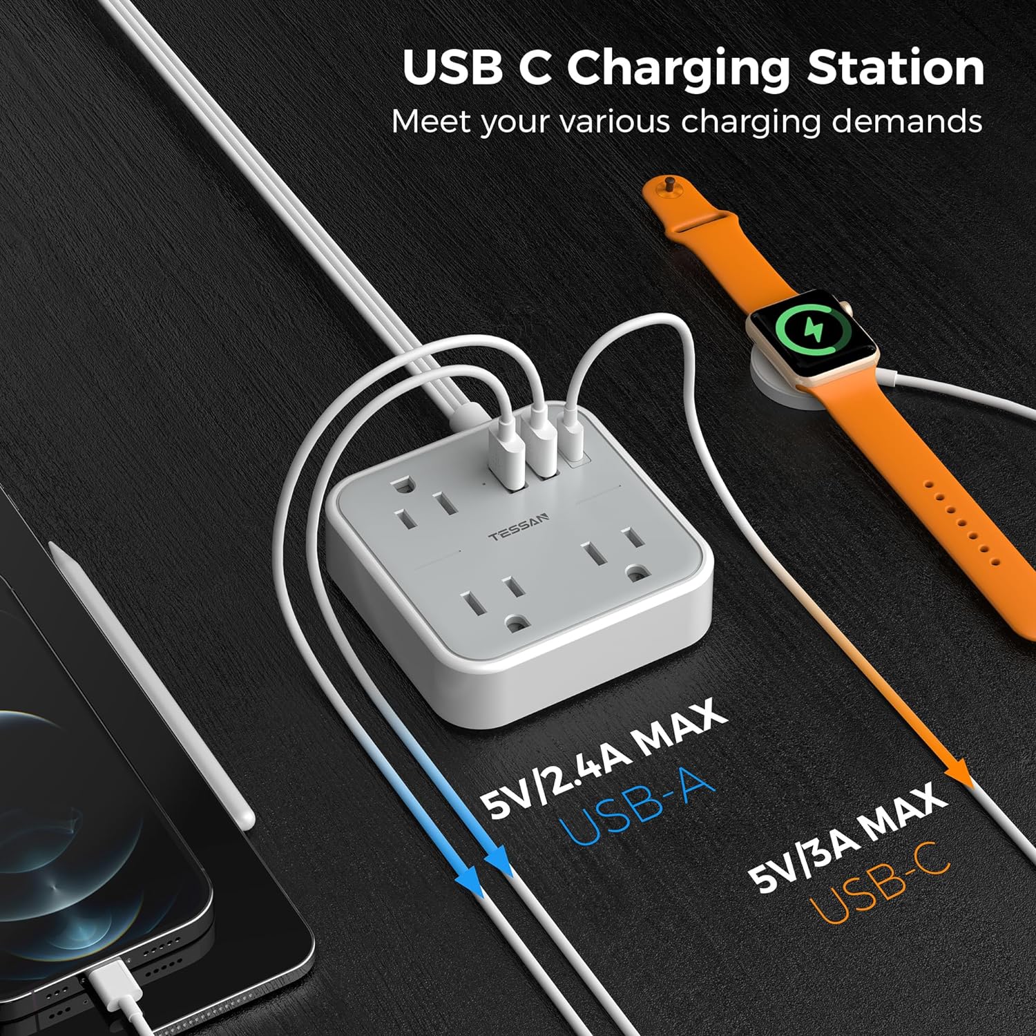 TESSAN Slim Power Strip with 3 USB (1 USB C) Ports, Ultra Thin Flat Extension Cord 5 FT - Image 4