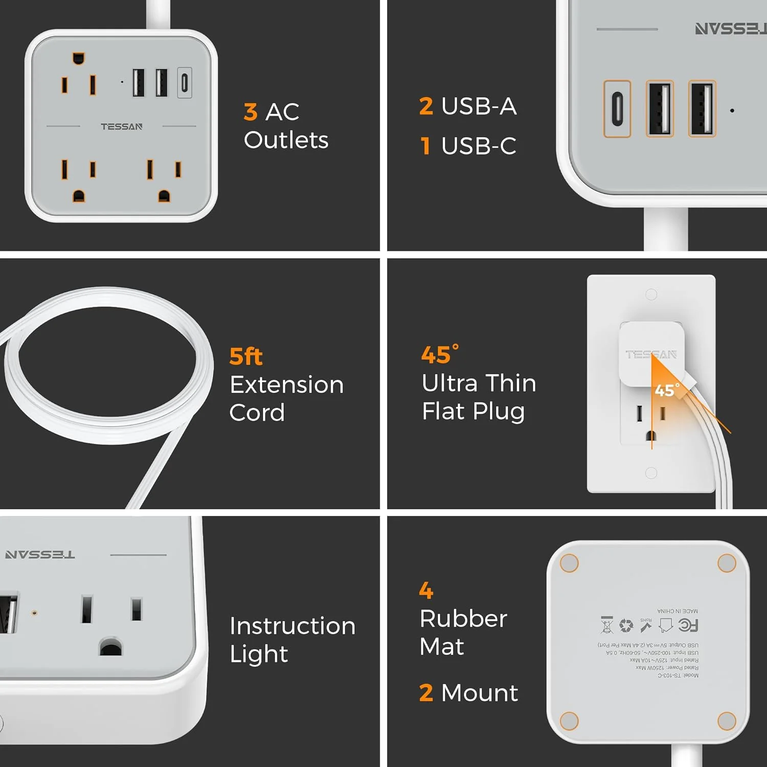 TESSAN Slim Power Strip with 3 USB (1 USB C) Ports, Ultra Thin Flat Extension Cord 5 FT - Image 5