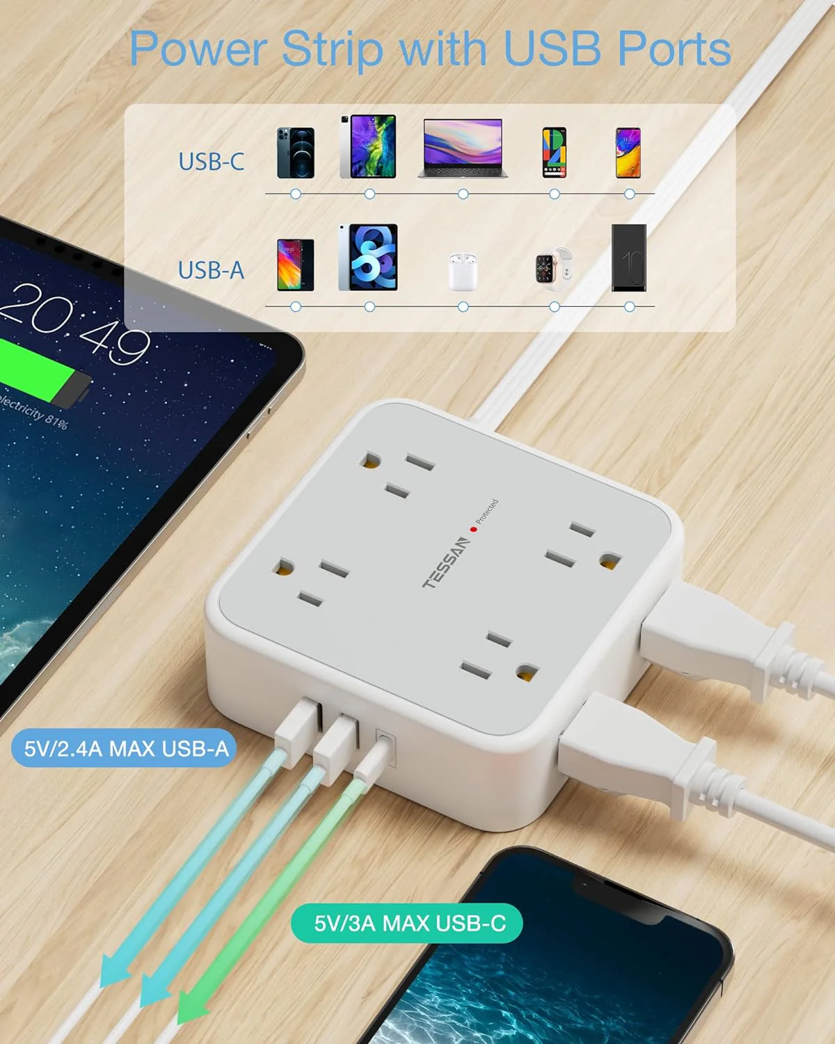 TESSAN Surge Protector Power Strip with 8 AC Outlets, 3 USB(1 USB C) - Image 4