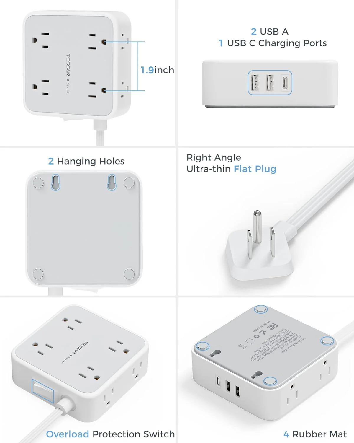 TESSAN Surge Protector Power Strip with 8 AC Outlets, 3 USB(1 USB C) - Image 7
