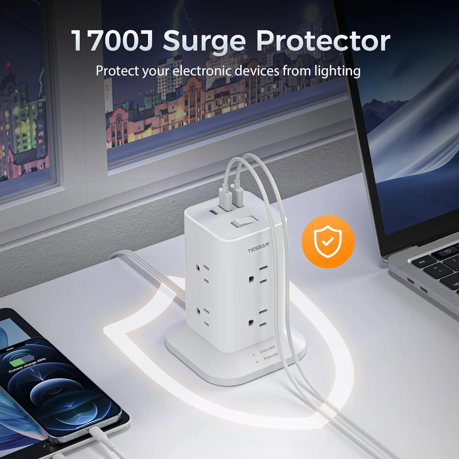 TESSAN Space-Saving Tower Strip With USB Ports, Surge Protection, Convenient ON/OFF Switch - Image 5