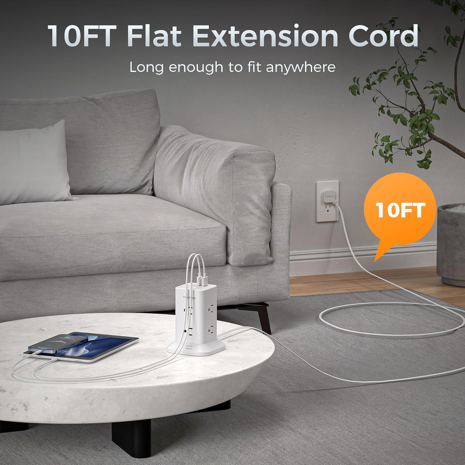TESSAN Space-Saving Tower Strip With USB Ports, Surge Protection, Convenient ON/OFF Switch - Image 6