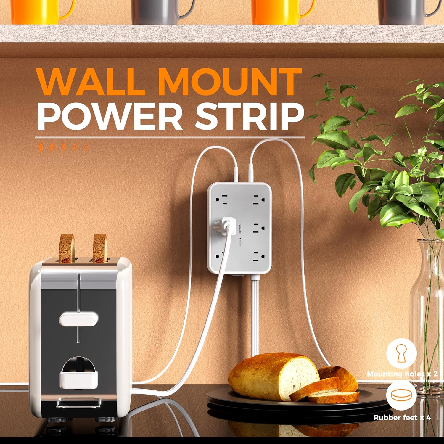 Tessan Flat Extension Cord Surge Protector Power Strip PS02 - Image 6