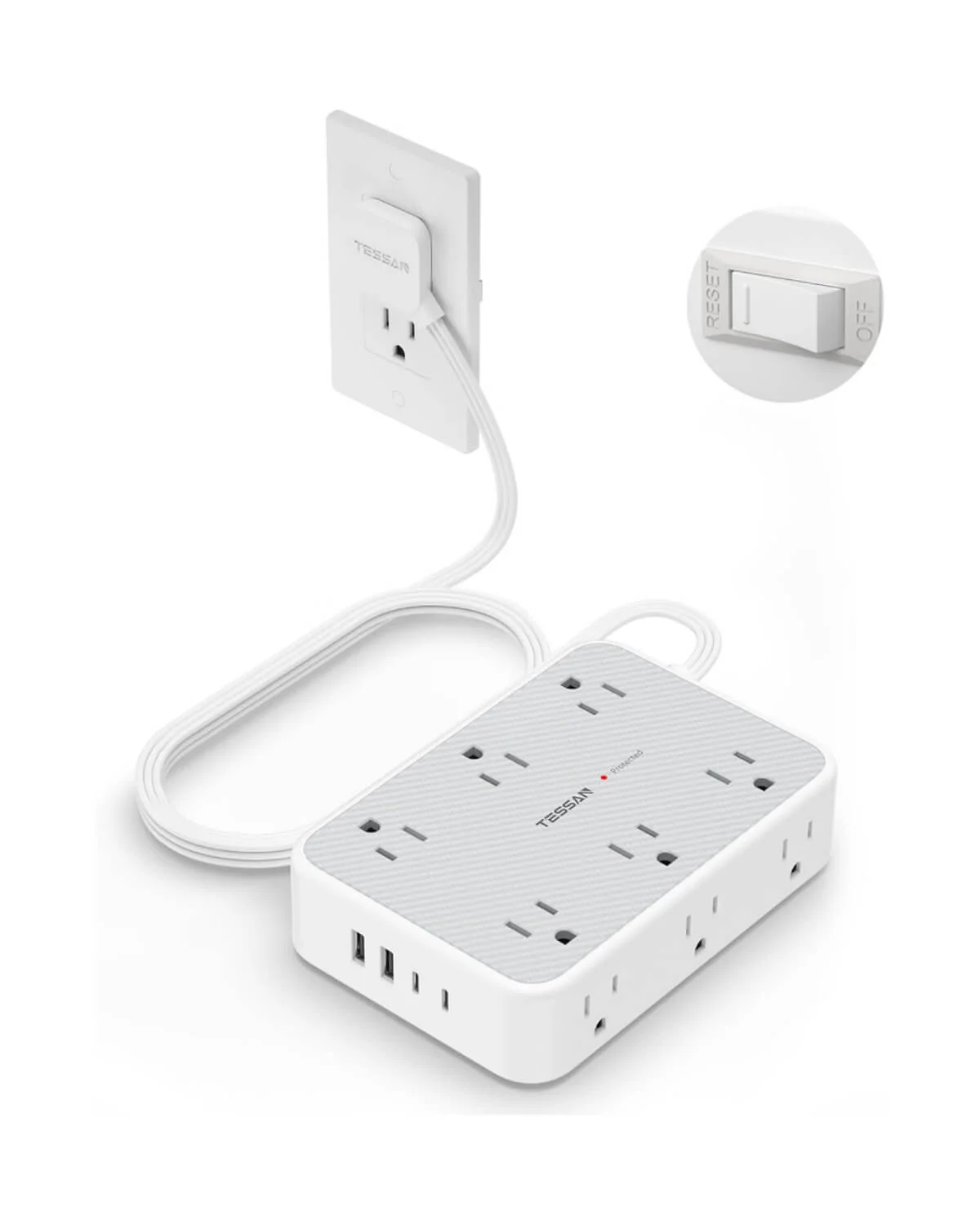 Tessan Flat Extension Cord Surge Protector Power Strip PS02 - Image 8