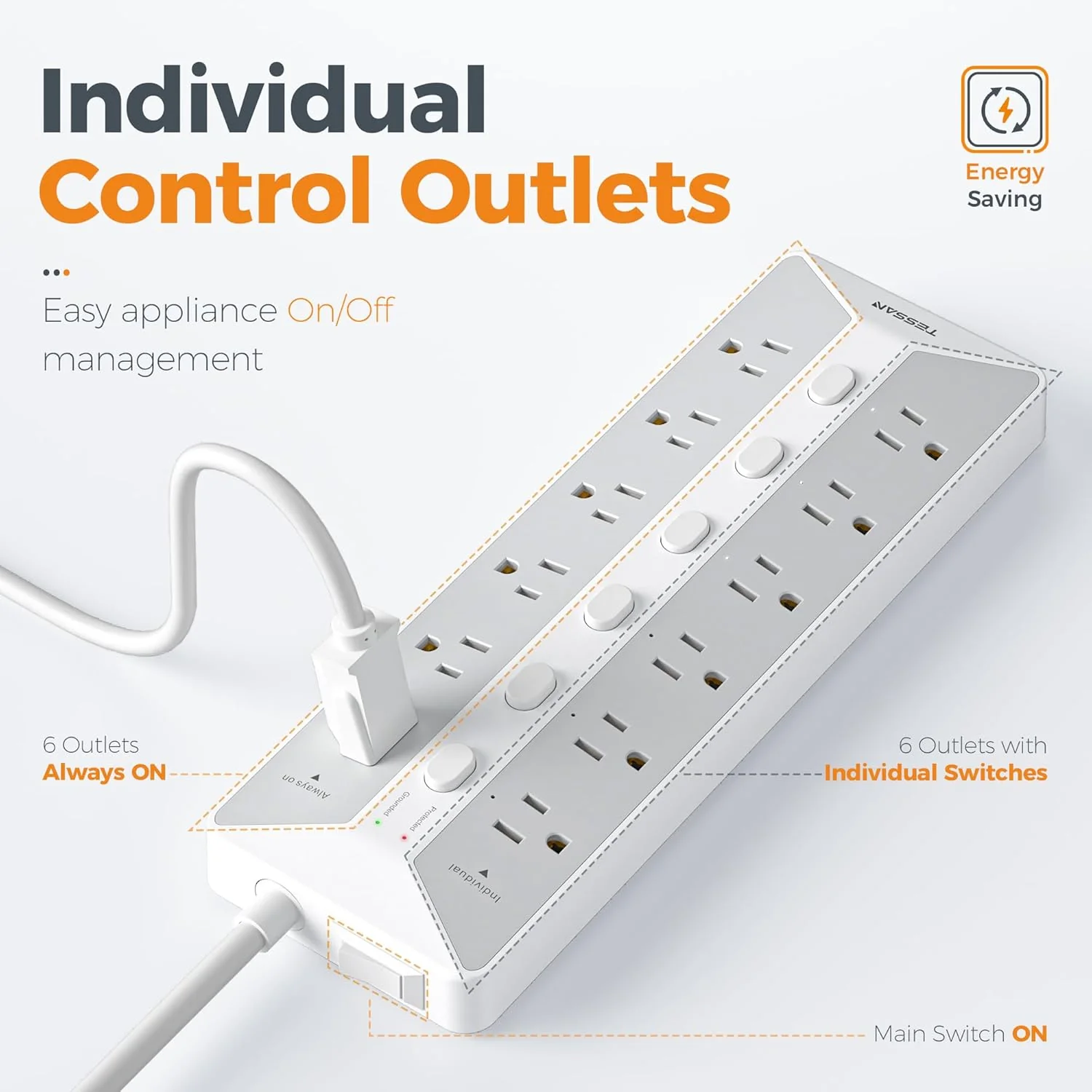 TESSAN 12 Outlets Surge Protector Power Strip 6FT - Image 3