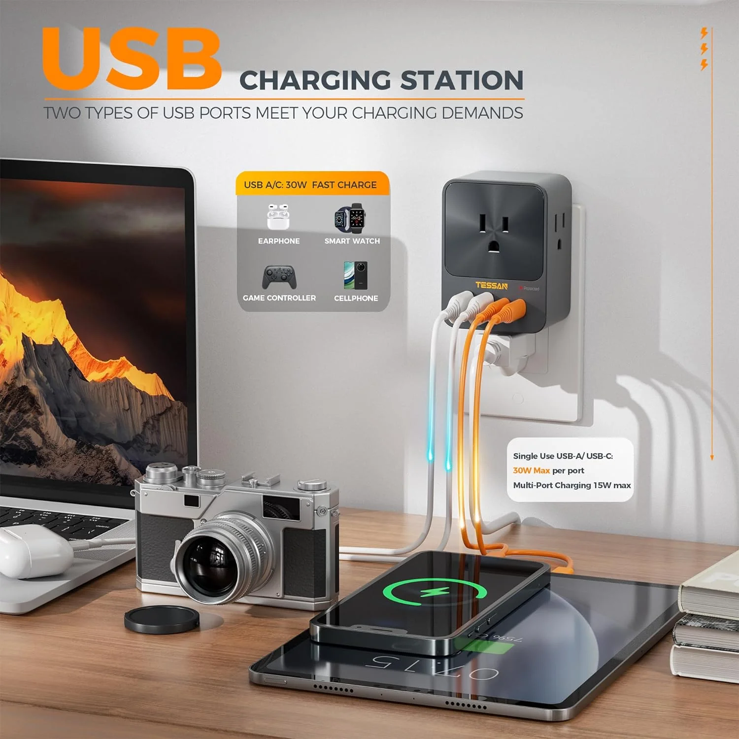 TESSAN Outlet Extender With USB Ports, Surge Protection, 30W Fast Charging - Image 5