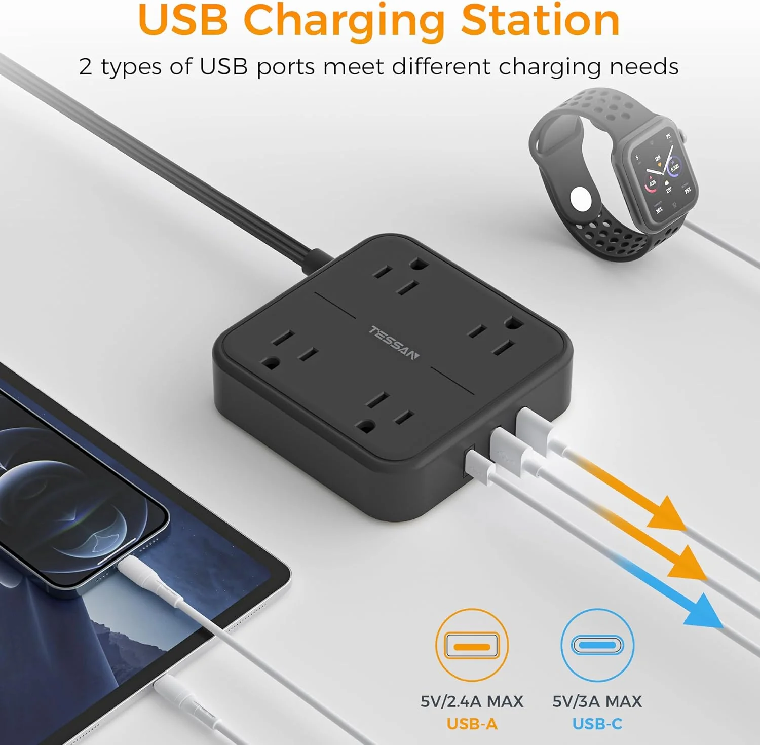 TESSAN 4 AC Outlets Surge Protector Extension Cord, Black Flat Plug Power Strip with 3 USB Ports (1 USB C) - Image 5
