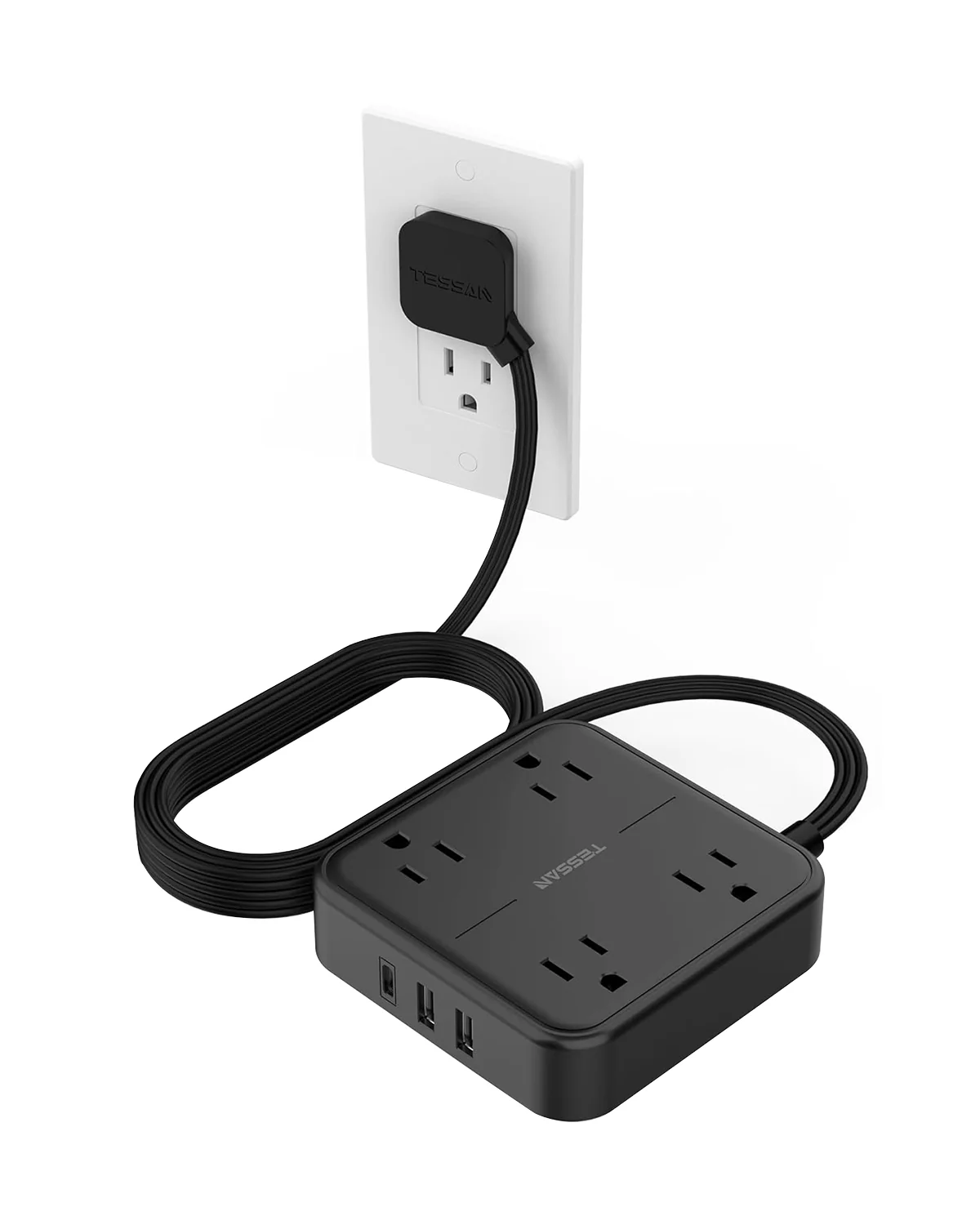 TESSAN 4 AC Outlets Surge Protector Extension Cord, Black Flat Plug Power Strip with 3 USB Ports (1 USB C) - Image 7
