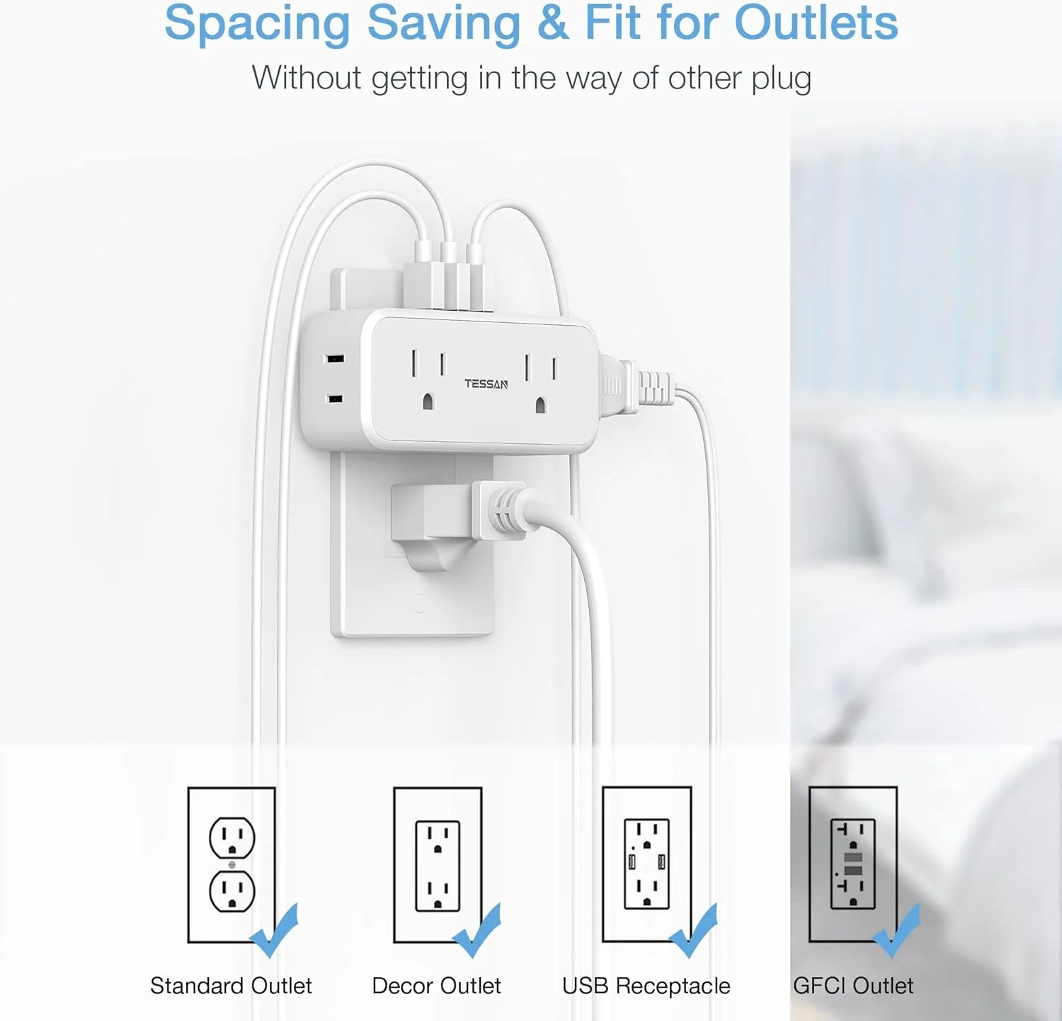 TESSAN 4 Electrical Multiple Outlet Extender with 3 USB Ports, Multi Plug Outlet Splitter with USB - Image 4