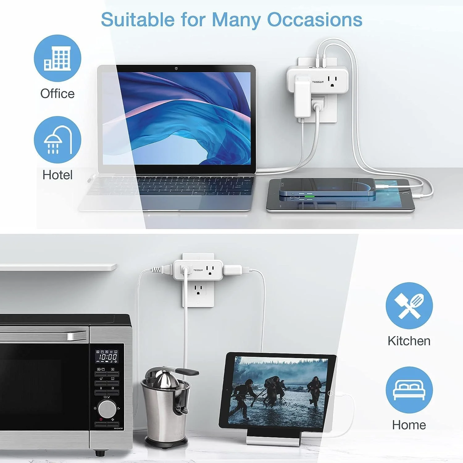 TESSAN 4 Electrical Multiple Outlet Extender with 3 USB Ports, Multi Plug Outlet Splitter with USB - Image 6