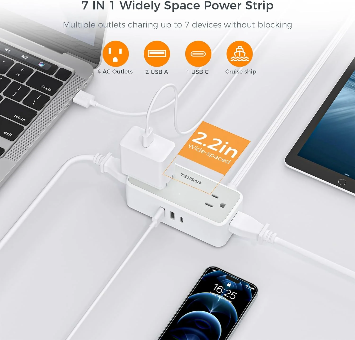 TESSAN 4 Outlets Ultra Thin Flat Plug Power Strip, 3 USB Wall Charger (1 USB C Port), Small Flat Extension Cord - Image 4