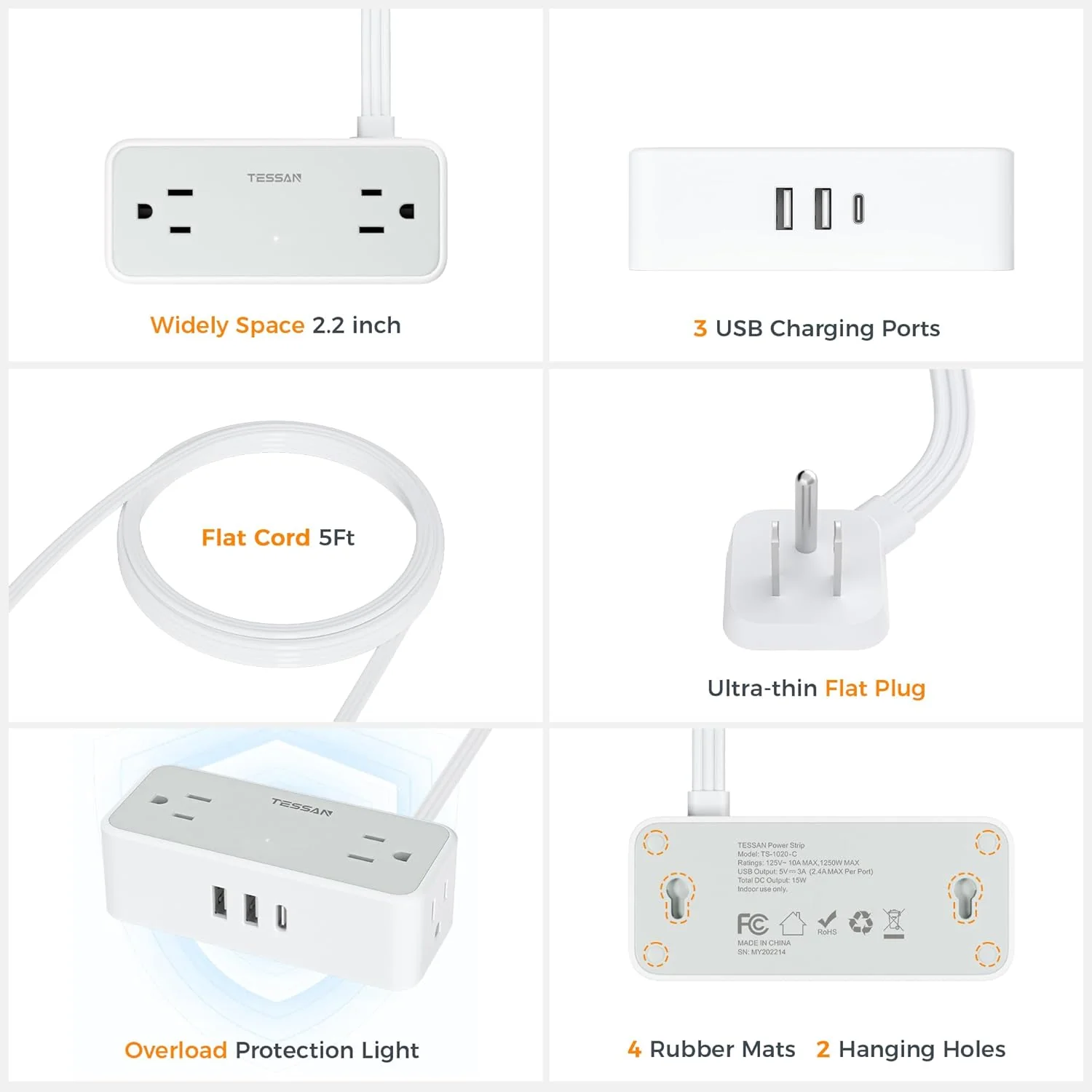 TESSAN 4 Outlets Ultra Thin Flat Plug Power Strip, 3 USB Wall Charger (1 USB C Port), Small Flat Extension Cord - Image 7