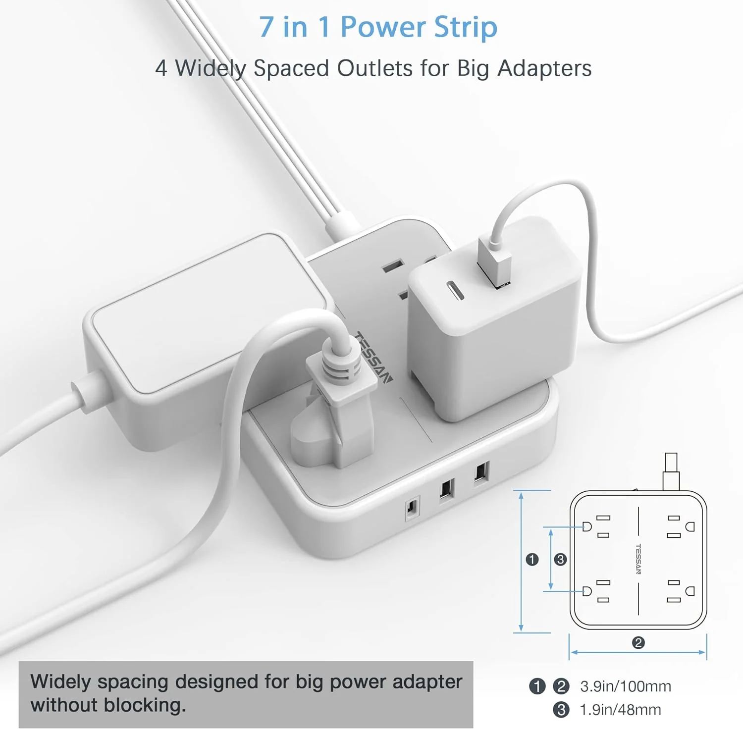 TESSAN 5 ft Ultra Thin Extension Cord with 3 USB Wall Charger(1 USB C Port) - Image 3