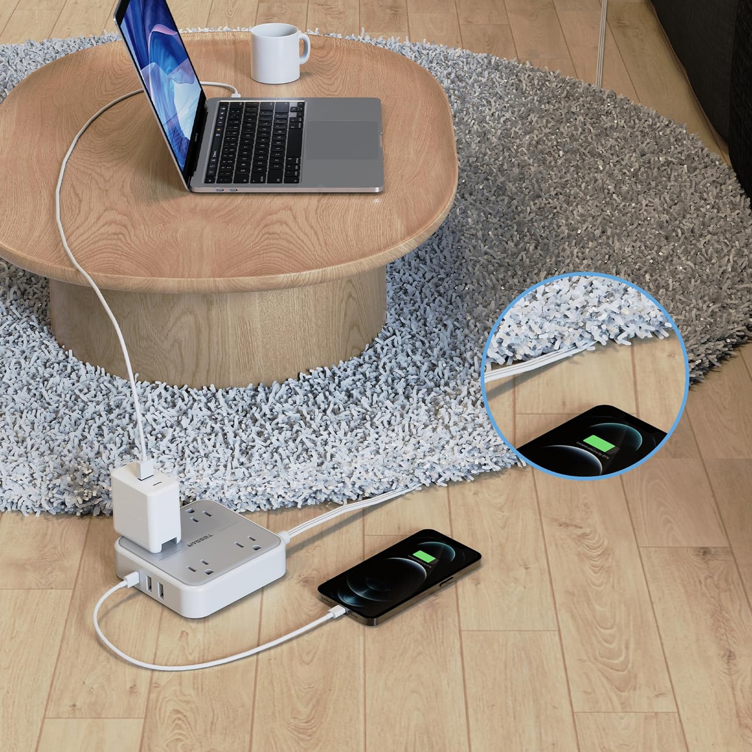 TESSAN 5 ft Ultra Thin Extension Cord with 3 USB Wall Charger(1 USB C Port) - Image 5