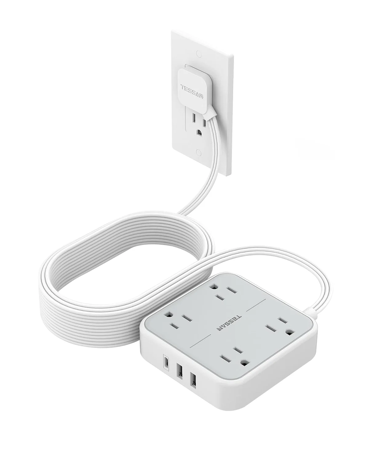 TESSAN 5 ft Ultra Thin Extension Cord with 3 USB Wall Charger(1 USB C Port) - Image 8