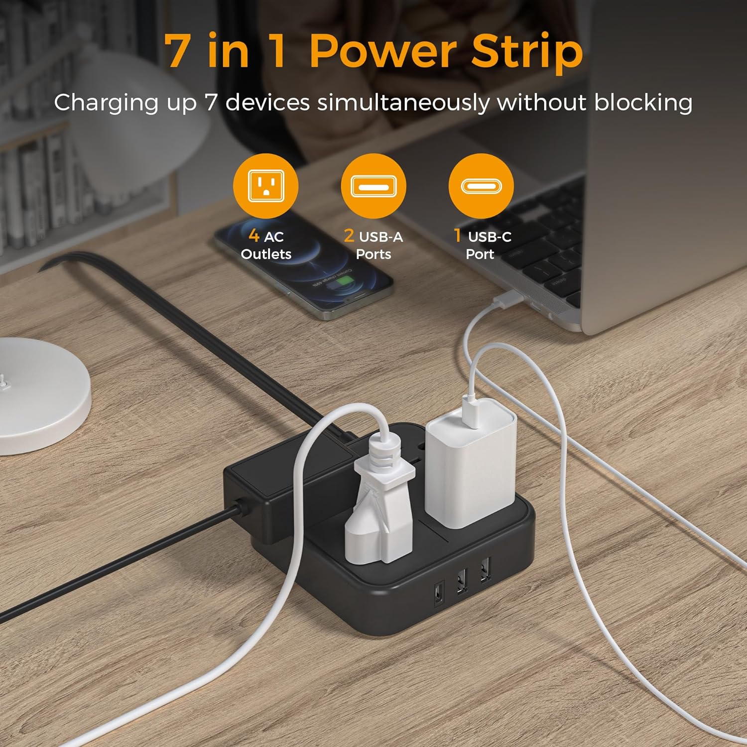 TESSAN 5 ft Ultra Thin Black Extension Cord with 3 USB Wall Charger(1 USB C Port), Flat Plug Power Strip - Image 4