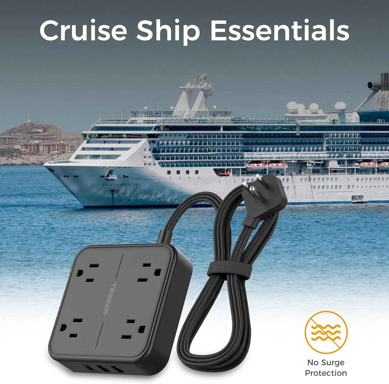 TESSAN 5 ft Ultra Thin Black Extension Cord with 3 USB Wall Charger(1 USB C Port), Flat Plug Power Strip - Image 5