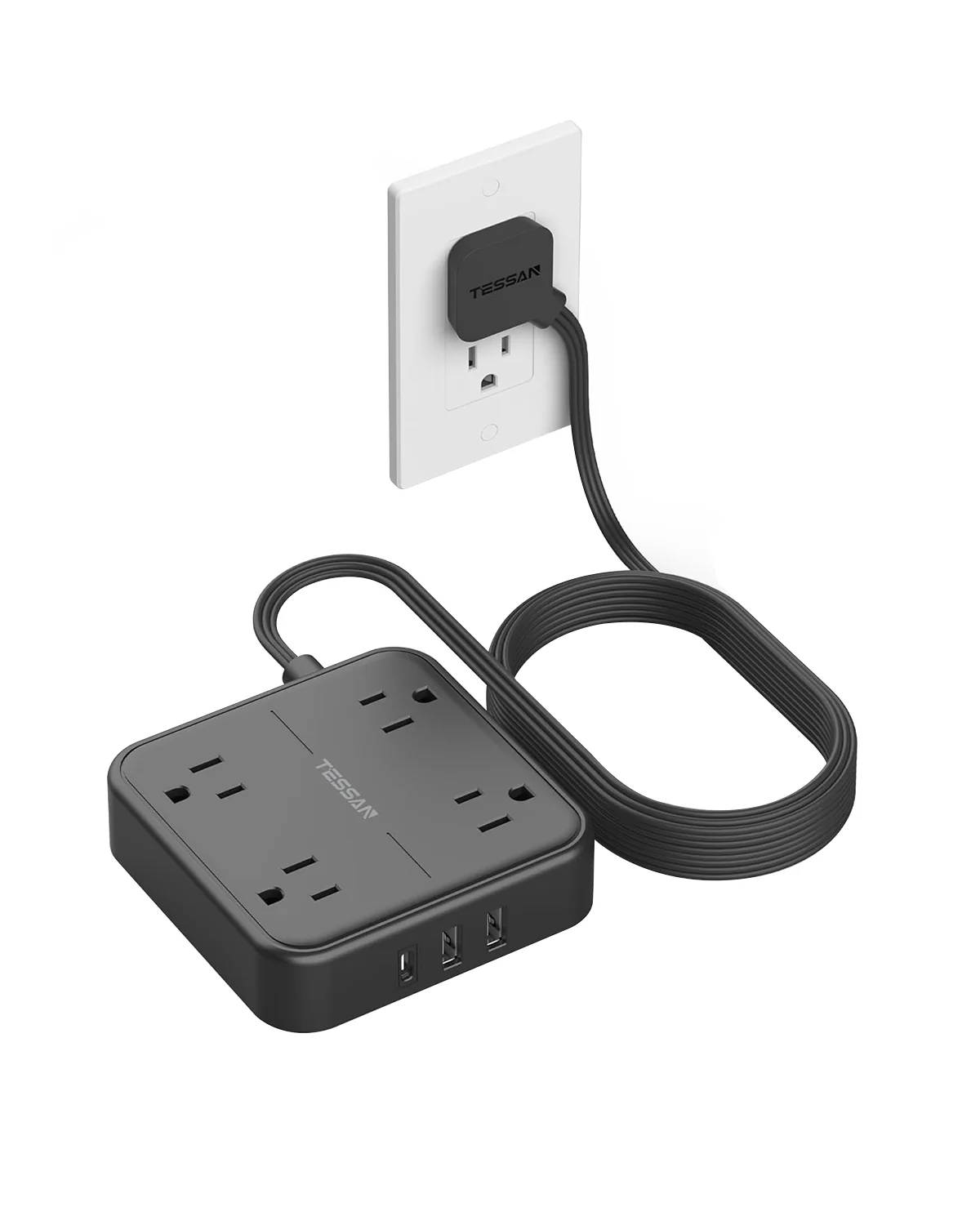 TESSAN 5 ft Ultra Thin Black Extension Cord with 3 USB Wall Charger(1 USB C Port), Flat Plug Power Strip - Image 7