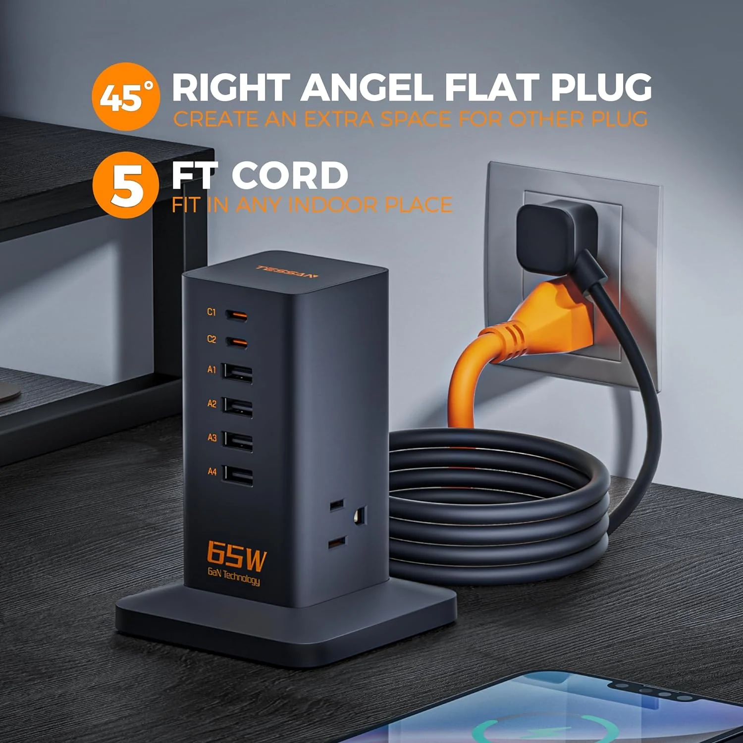 TESSAN Vertical GaN Desktop Power Hub Charging Station with PD - Image 6