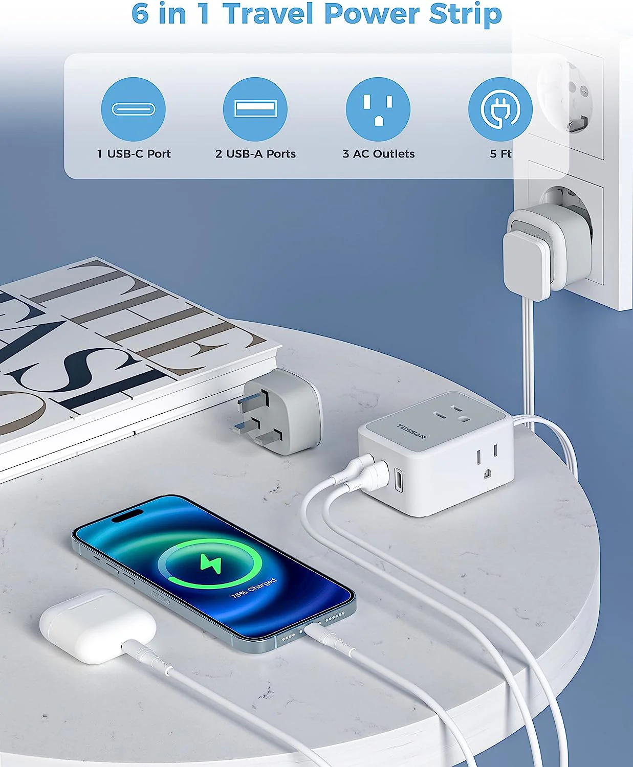 TESSAN European Travel Plug Adapter with Power Strip, EU UK Travel Extension Cord with 3 Outlet 3 USB (1 USB C) - Image 3