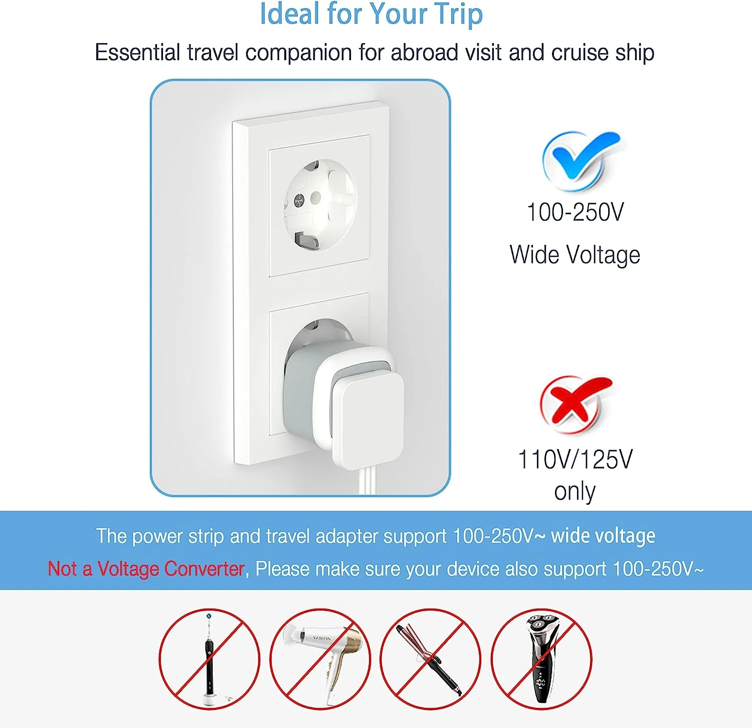 TESSAN European Travel Plug Adapter with Power Strip, EU UK Travel Extension Cord with 3 Outlet 3 USB (1 USB C) - Image 4