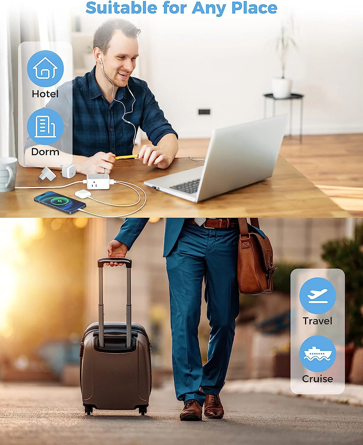 TESSAN European Travel Plug Adapter with Power Strip, EU UK Travel Extension Cord with 3 Outlet 3 USB (1 USB C) - Image 7