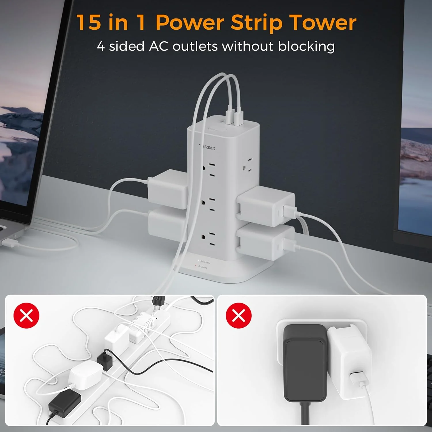 TESSAN Flat Plug Tower Strip With USB Ports (12 AC + 2 USB A + 1 USB C), Extended Flat Cord, Surge Protection - Image 3