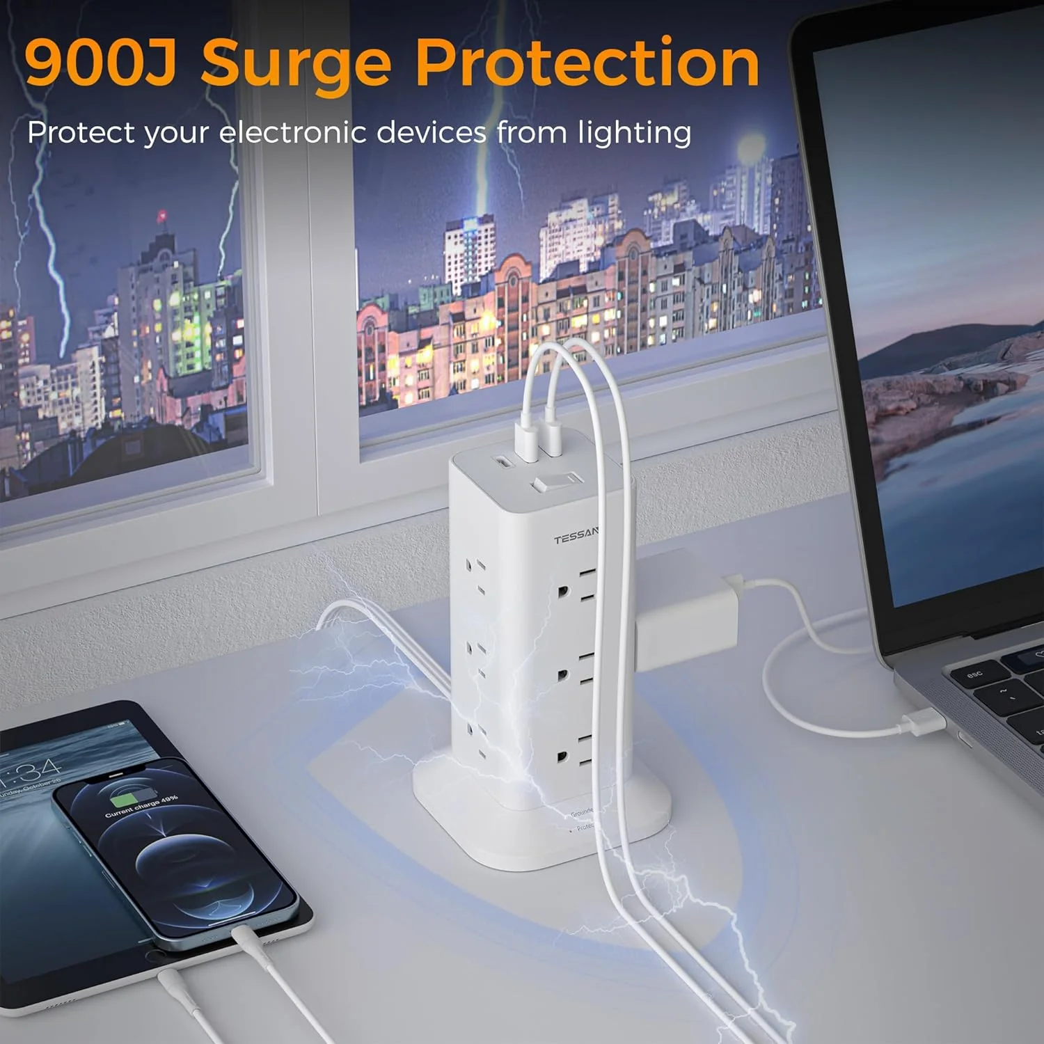 TESSAN Flat Plug Tower Strip With USB Ports (12 AC + 2 USB A + 1 USB C), Extended Flat Cord, Surge Protection - Image 5