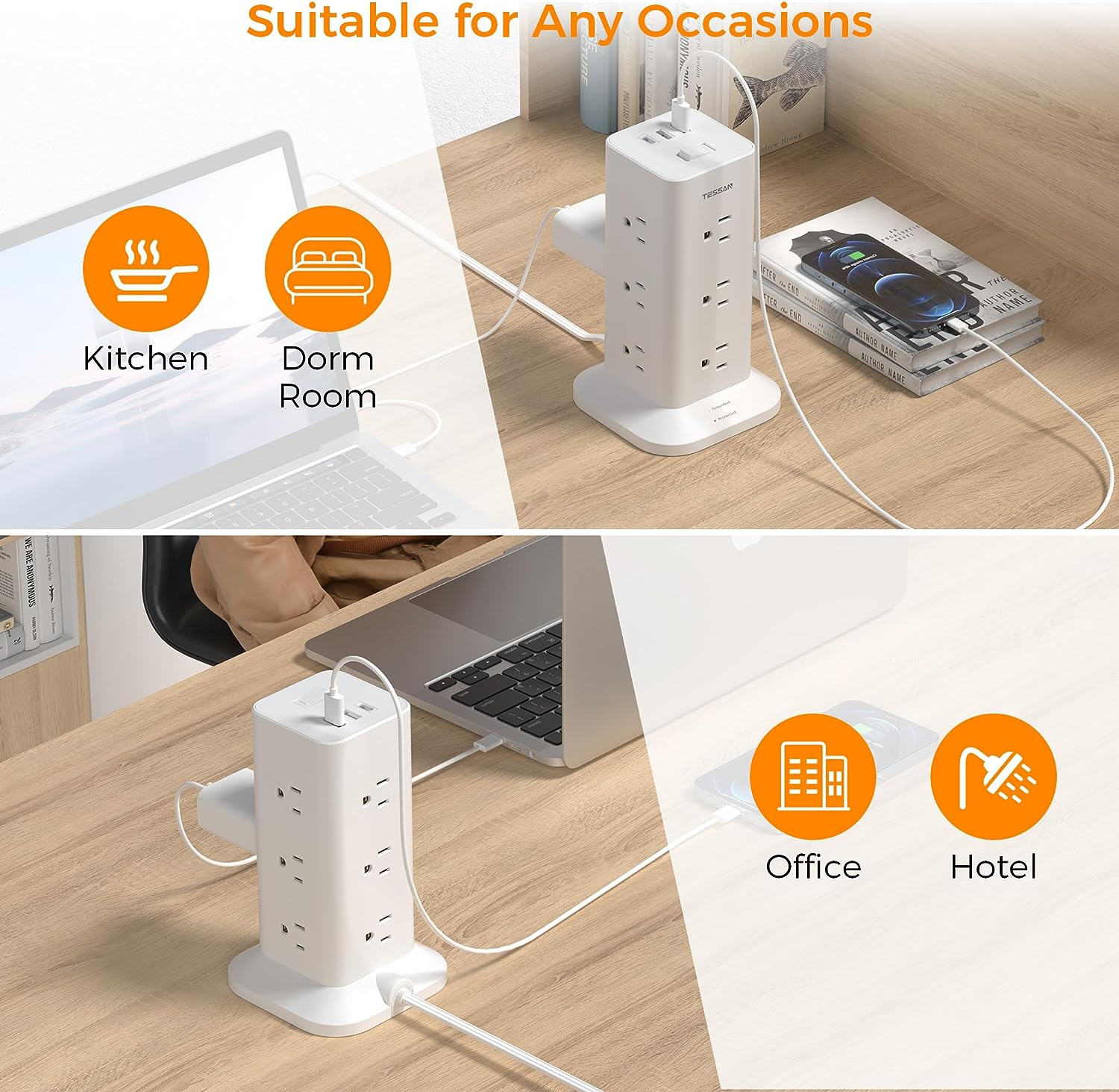 TESSAN Flat Plug Tower Strip With USB Ports (12 AC + 2 USB A + 1 USB C), Extended Flat Cord, Surge Protection - Image 6