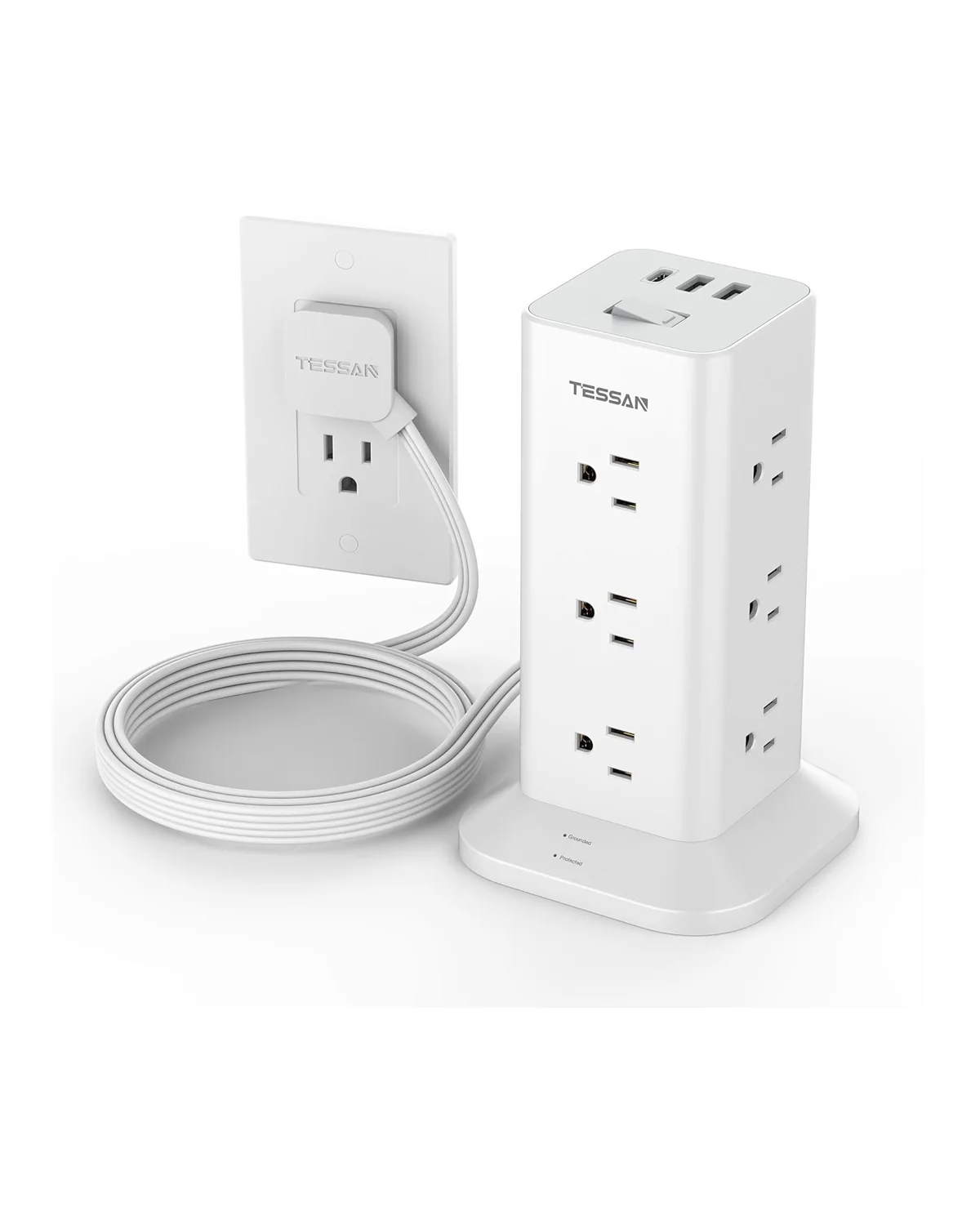 TESSAN Flat Plug Tower Strip With USB Ports (12 AC + 2 USB A + 1 USB C), Extended Flat Cord, Surge Protection - Image 7