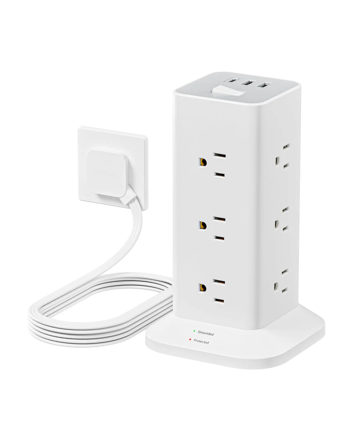 TESSAN Flat Plug Tower Strip With USB Ports (12 AC + 2 USB A + 1 USB C), Extended Flat Cord, Surge Protection - Image 8