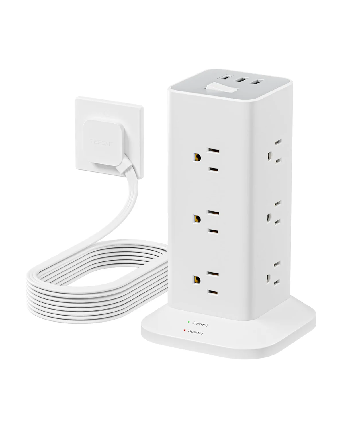 TESSAN Flat Plug Tower Strip With USB Ports (12 AC + 2 USB A + 1 USB C), Extended Flat Cord, Surge Protection - Image 9