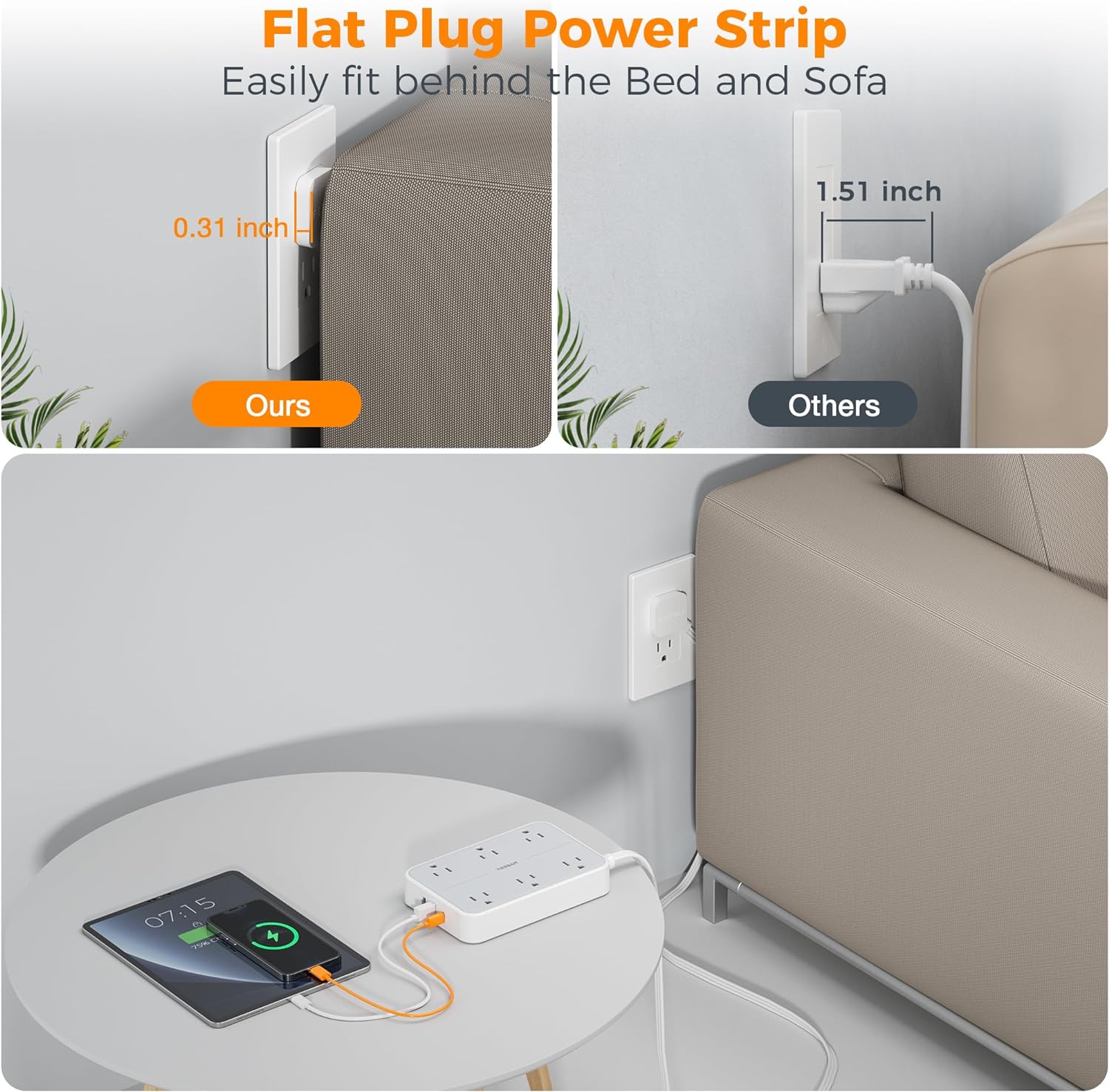 TESSAN Flat Plug Ultra Thin Extension Cord with 6 Wide-Spaced Outlets 3 USB Ports (1 USB C Port), Surge Protector Power Strip 10 ft - Image 4