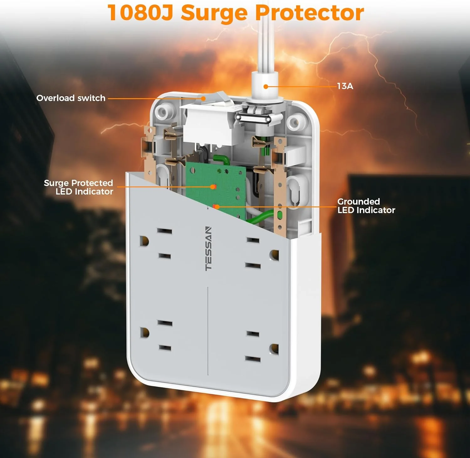 TESSAN Flat Plug Ultra Thin Extension Cord with 6 Wide-Spaced Outlets 3 USB Ports (1 USB C Port), Surge Protector Power Strip 10 ft - Image 5