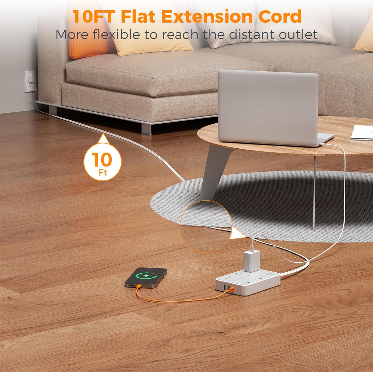 TESSAN Flat Plug Ultra Thin Extension Cord with 6 Wide-Spaced Outlets 3 USB Ports (1 USB C Port), Surge Protector Power Strip 10 ft - Image 6
