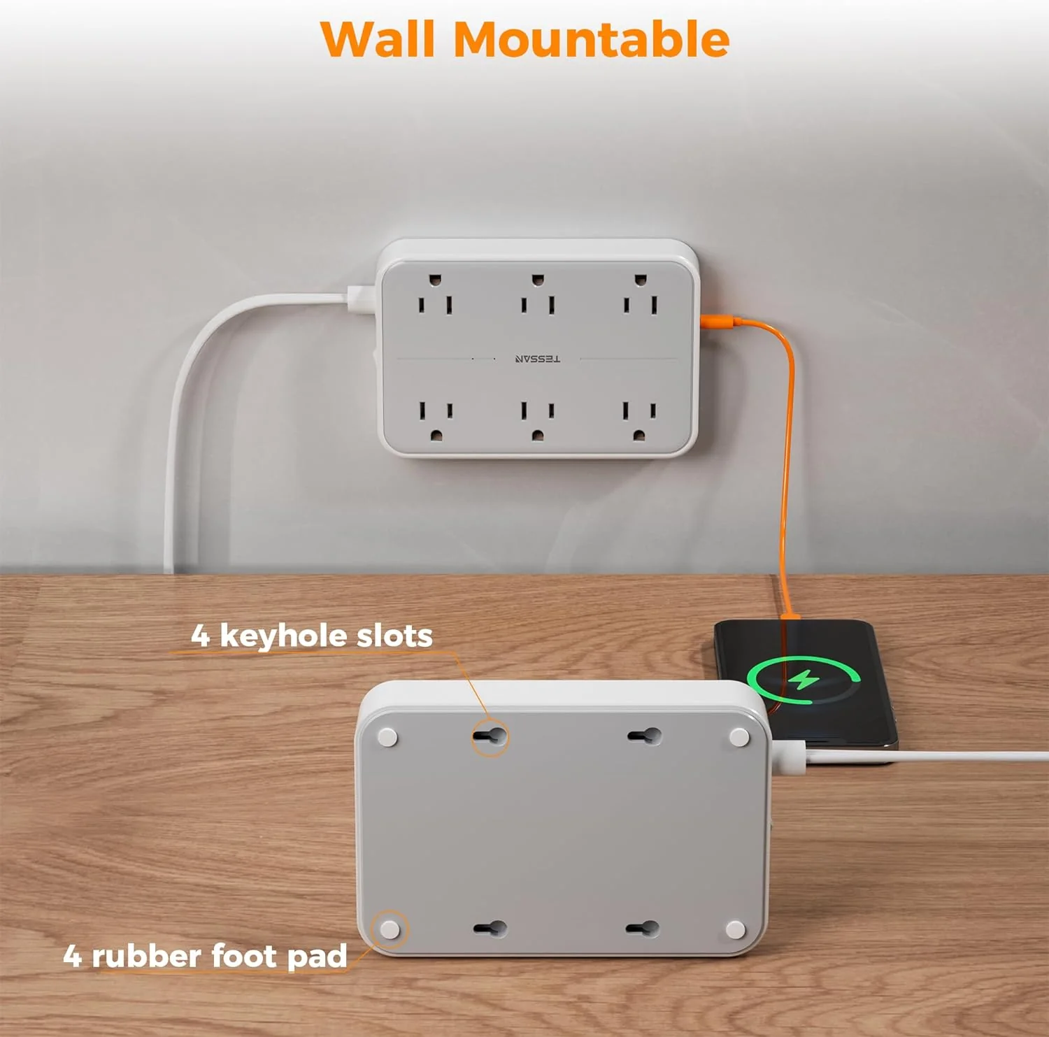 TESSAN Flat Plug Ultra Thin Extension Cord with 6 Wide-Spaced Outlets 3 USB Ports (1 USB C Port), Surge Protector Power Strip 10 ft - Image 7